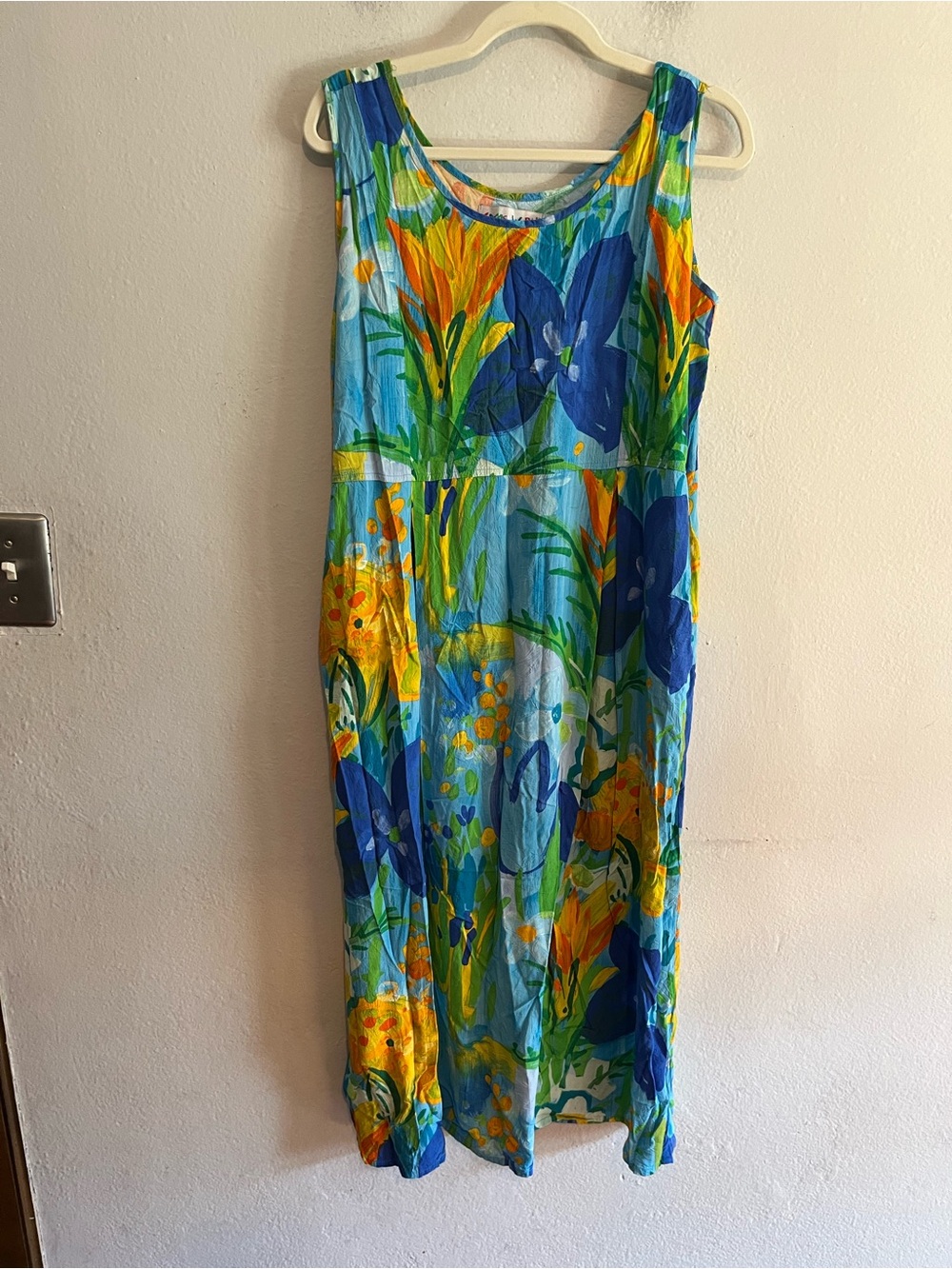 Vtg Jams World Blue and Yellow Floral Midi Dress Artsy XL *Best Fits Med/Large*